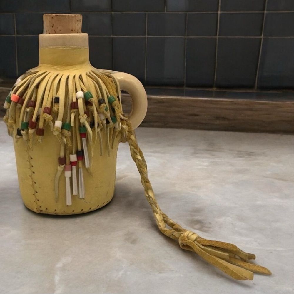 Hobbyist Suede Leather Wrapped Ceramic Jug with Beaded Fringe Braided Strap